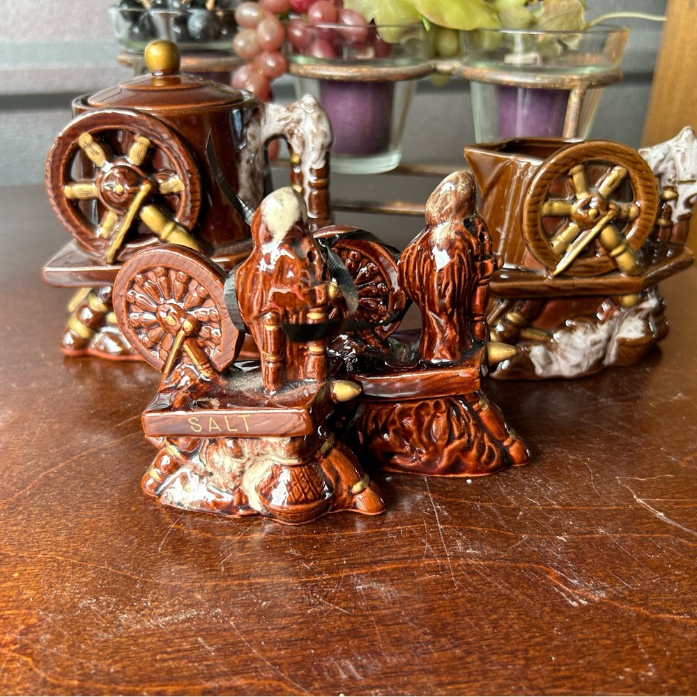 Vintage lava glaze ceramic teapot, creamer and salt and pepper shakers
